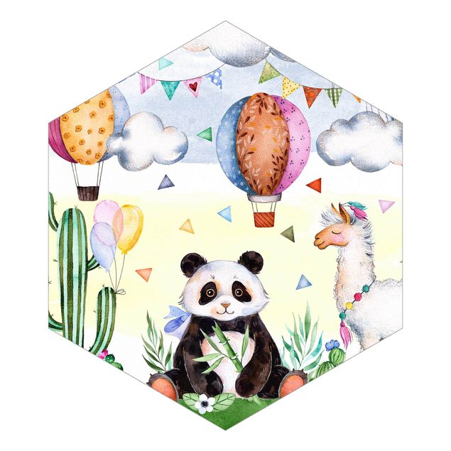 Hexagon Behang Panda And Lama Watercolour