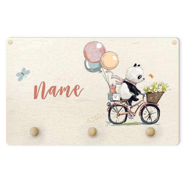 Wandkapstokken voor kinderen Panda On Flower Bicycle With Customised Name