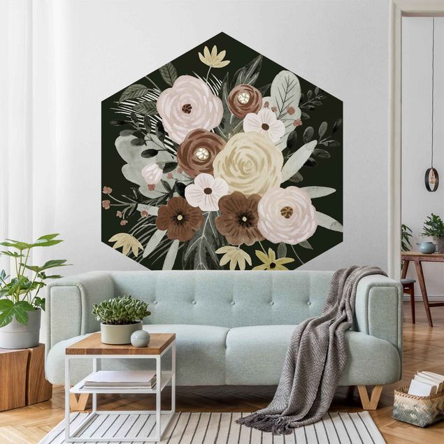 Hexagon Behang Pastel Bouquet Of Flowers On Green Backdrop II