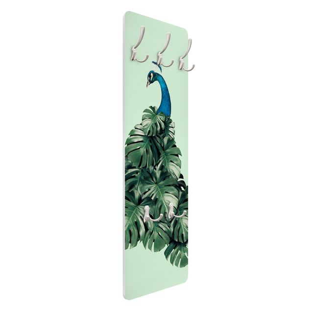 Wandkapstokken houten paneel Peacock With Monstera Leaves