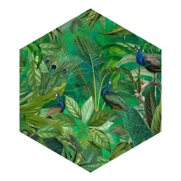 Hexagon Behang Peacocks In The Jungle