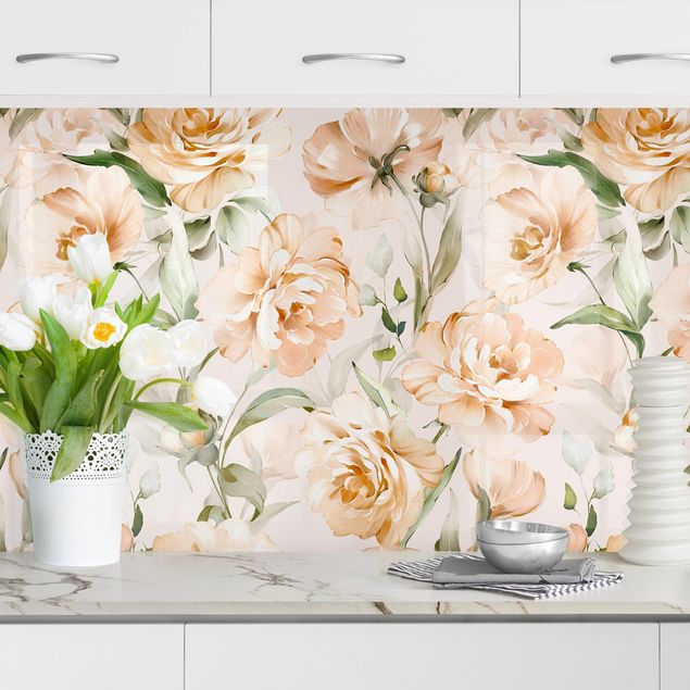 Achterwand voor keuken bloemen Peonies Watercolour Pattern Beige