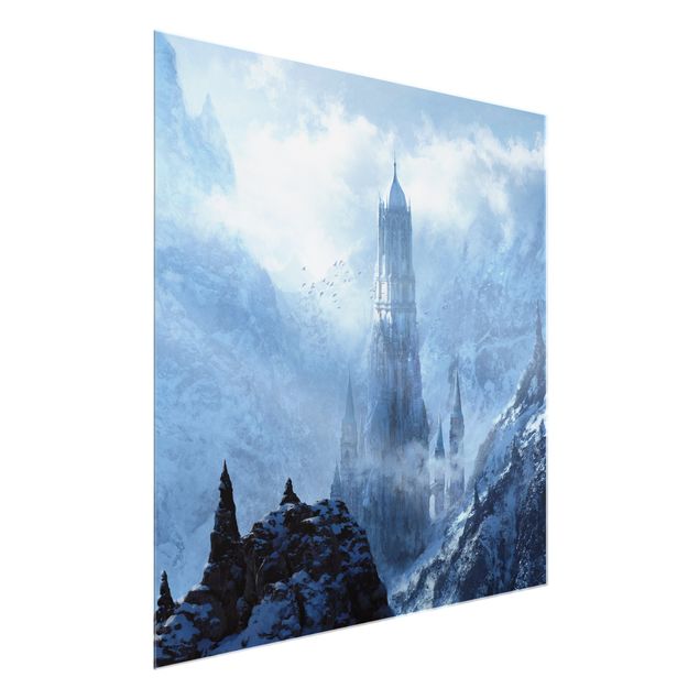 Glasschilderijen - Fantasy Castle In Snowy Landscape