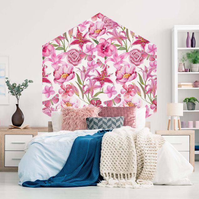 Hexagon Behang Pink Flowers With Butterflies