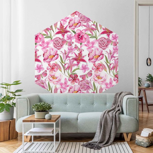 Hexagon Behang Pink Flowers With Butterflies