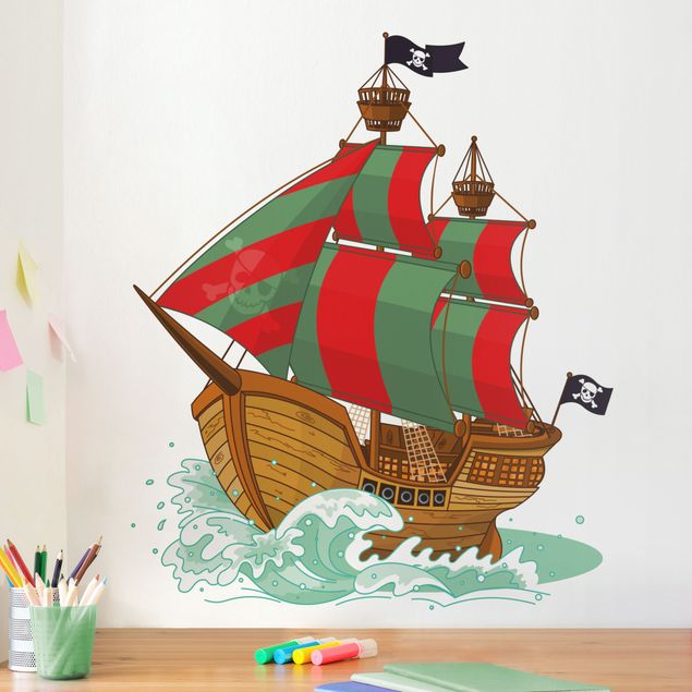 Muurstickers piraten Pirate Ship with red and green Sails