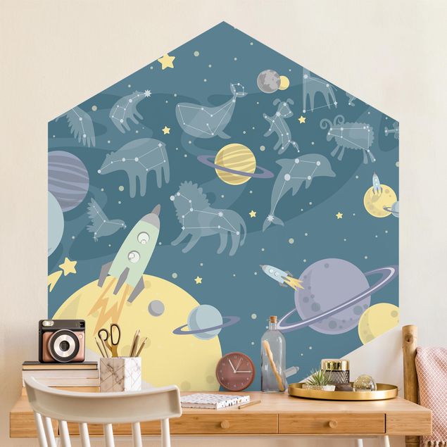 Hexagon Behang Planets With Zodiac And Rockets