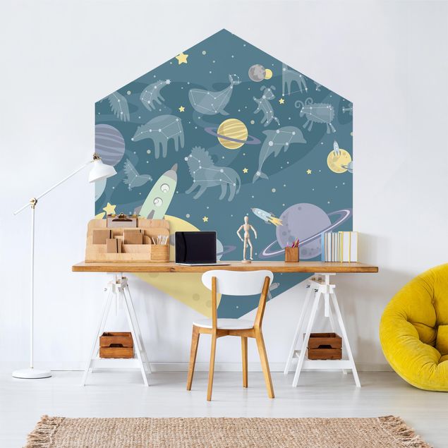 Hexagon Behang Planets With Zodiac And Rockets