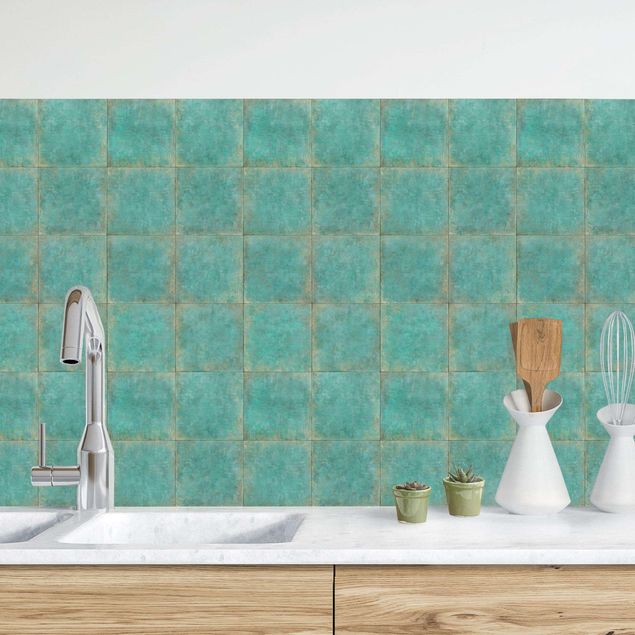 Achterwand voor keuken tegelmotief Square Tiles in turquoise