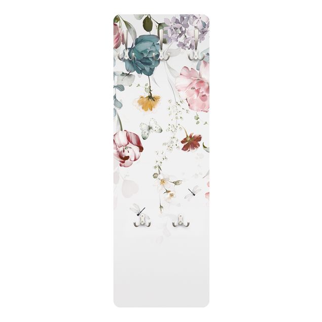 Wandkapstokken houten paneel - Tendril Flowers with Butterflies Watercolour