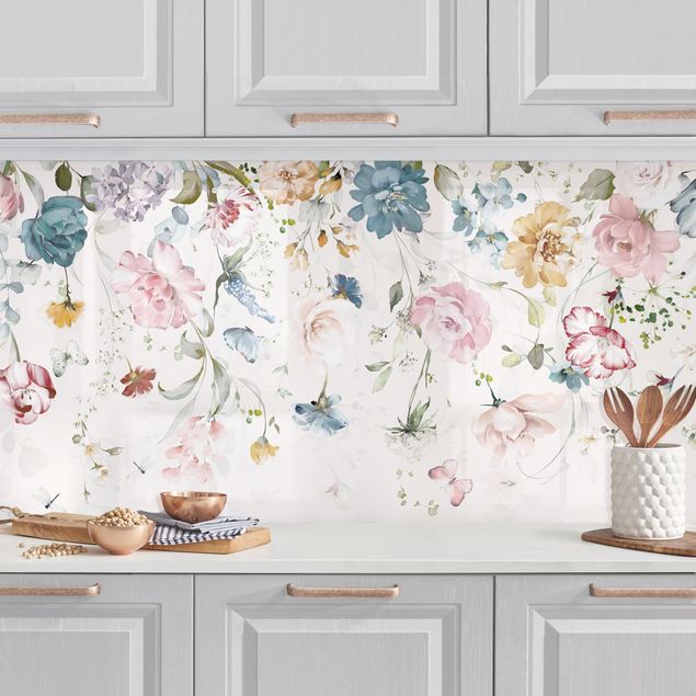 Achterwand voor keuken bloemen Tendril Flowers with Butterflies Watercolour