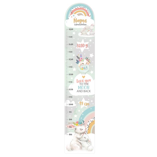 Muurstickers dieren Rainbow rabbits to the moon with custom name