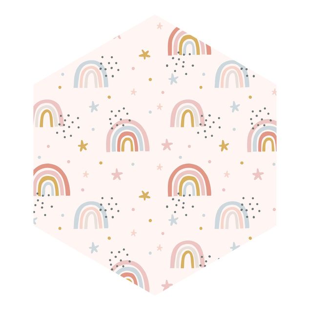 Hexagon Behang Rainbow World With Stars And Dots