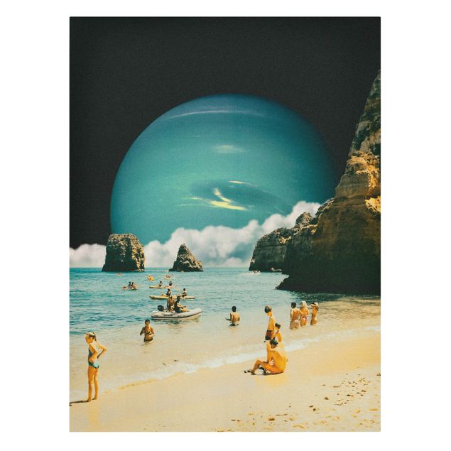 Leinwandbild - Retro Collage - Weltraum Strand - Hochformat 3:4