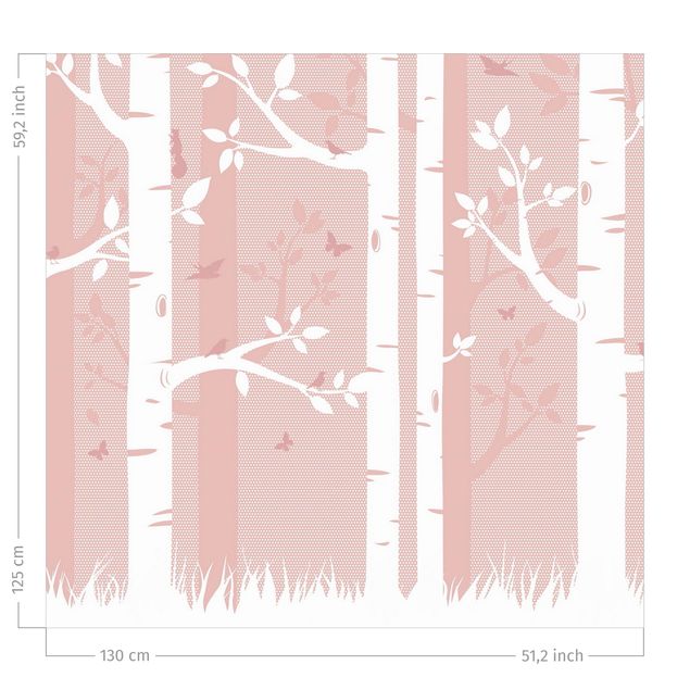 Gordijnen bos Pink Birch Forest With Butterflies And Birds