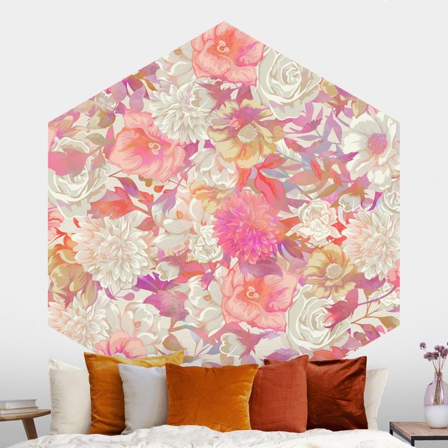 Hexagon Behang Pink Blossom Dream With Roses