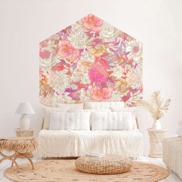 Hexagon Behang Pink Blossom Dream With Roses