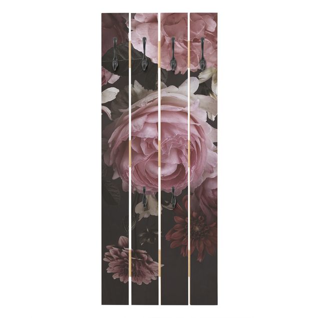 Wandkapstokken houten pallet Pink Flowers On Black Vintage