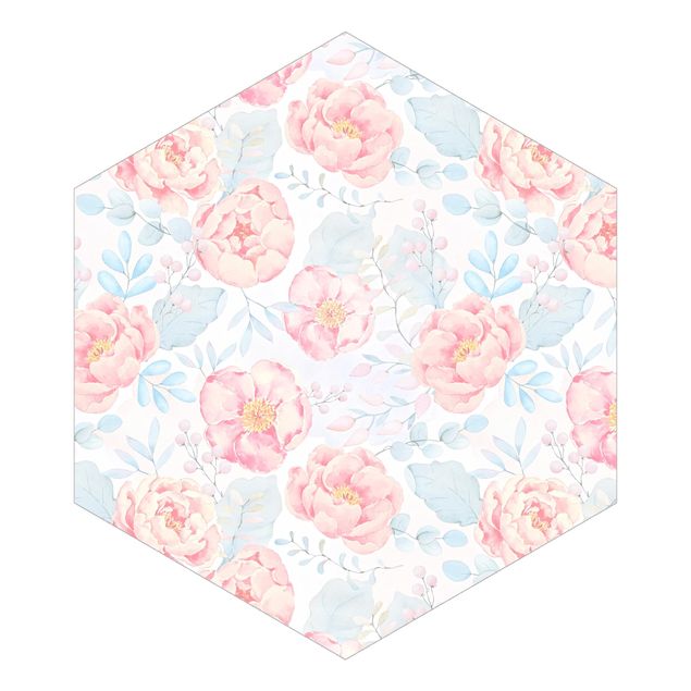 Hexagon Behang Pink Flowers With Light Blue Leaves