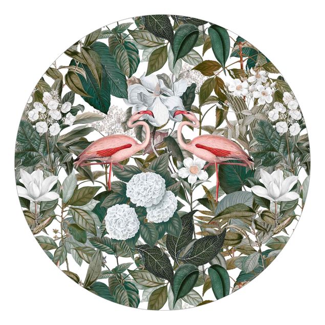Behangcirkel Pink Flamingos With Leaves And White Flowers
