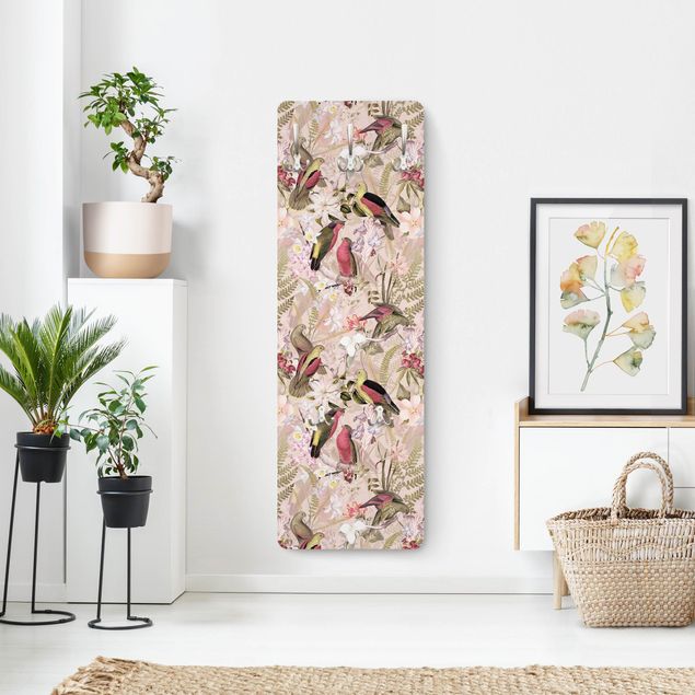 Wandkapstokken houten paneel Pink Pastel Birds With Flowers