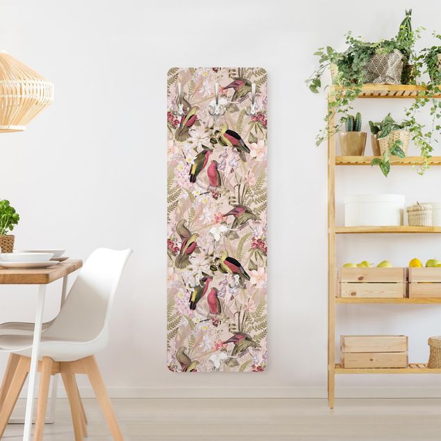 Wandkapstokken houten paneel Pink Pastel Birds With Flowers