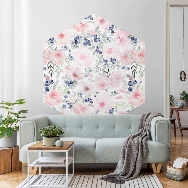 Hexagon Behang Pink Roses With Blueberries In Front Of White