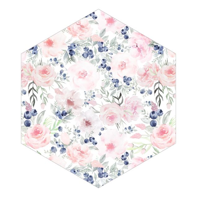 Hexagon Behang Pink Roses With Blueberries In Front Of White