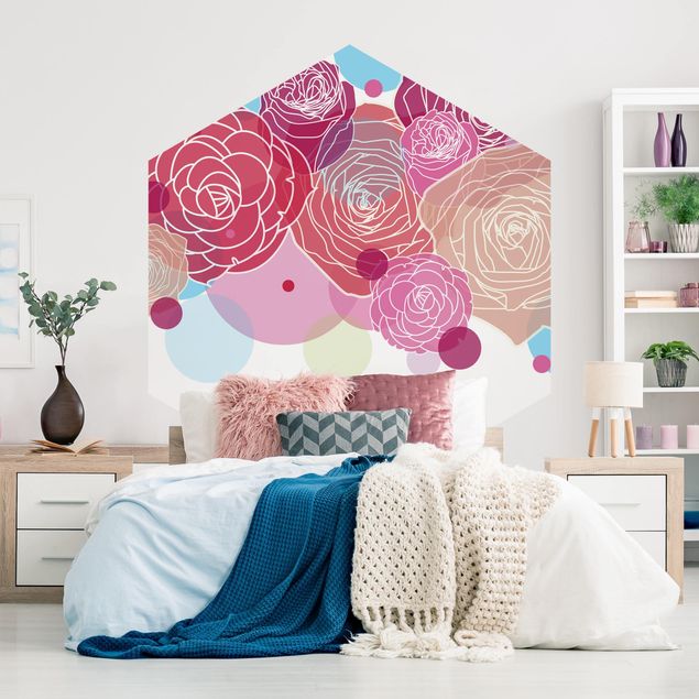 Hexagon Behang Roses And Bubbles