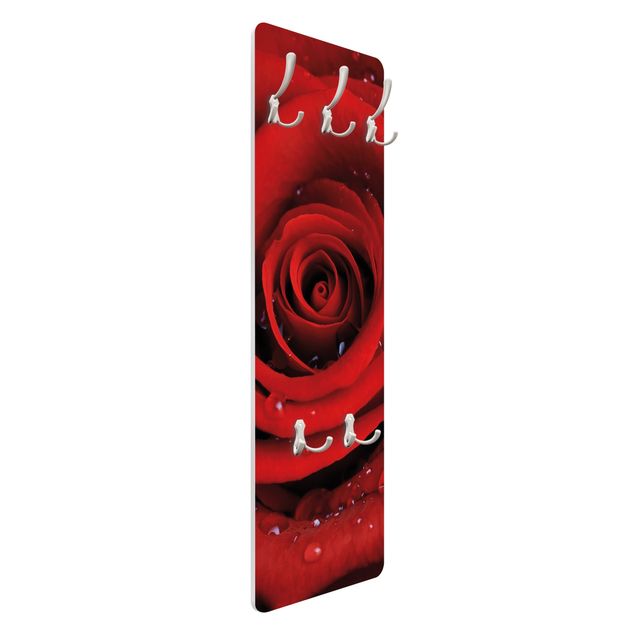Wandkapstokken houten paneel Red Rose With Water Drops
