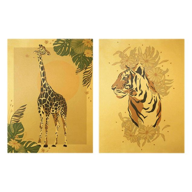 Canvas schilderijen - 2-delig  Safari Animals - Giraffe And Tiger