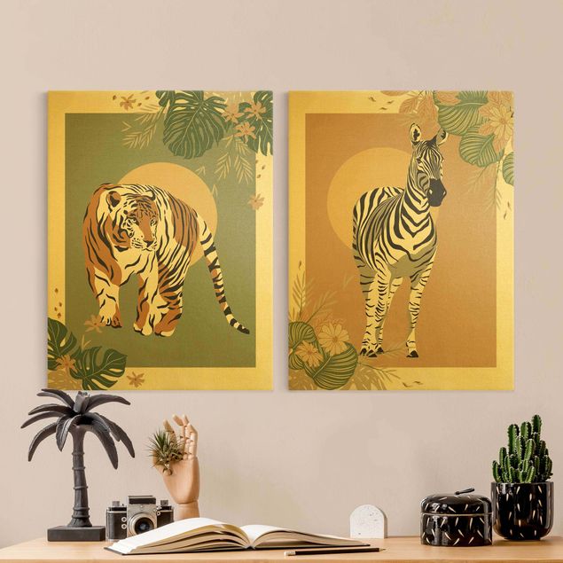 Canvas schilderijen - 2-delig  Safari Animals - Sun Behind Zebra And Tiger