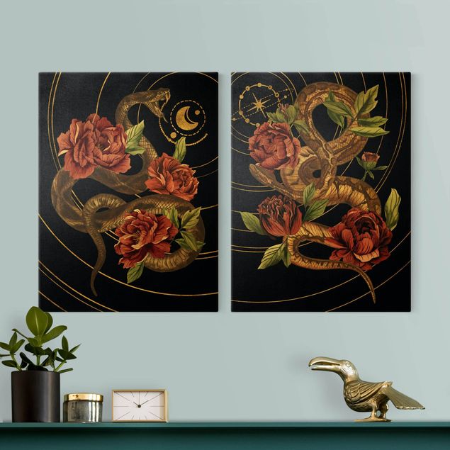 Canvas schilderijen - 2-delig  Snake With Roses Black And Gold Duo