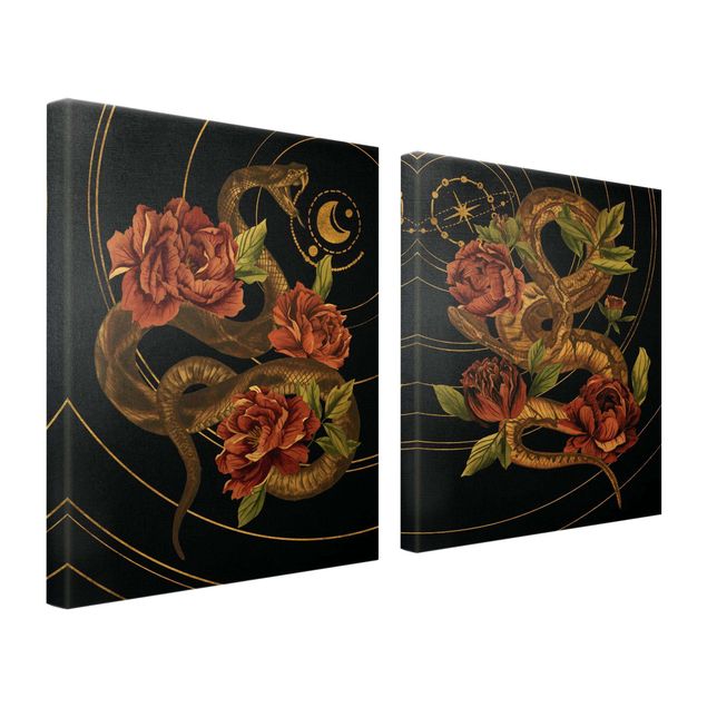 Canvas schilderijen - 2-delig  Snake With Roses Black And Gold Duo