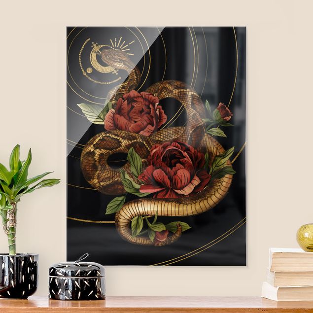 Glasschilderijen Snake With Roses Black And Gold I