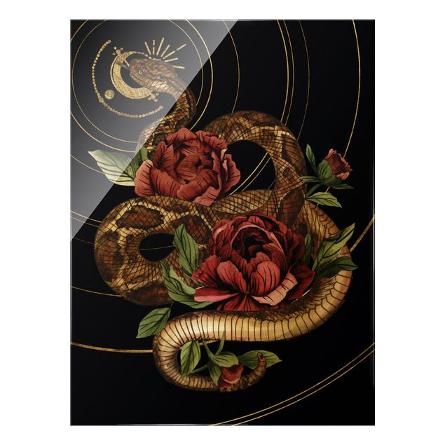 Glasschilderijen Snake With Roses Black And Gold I