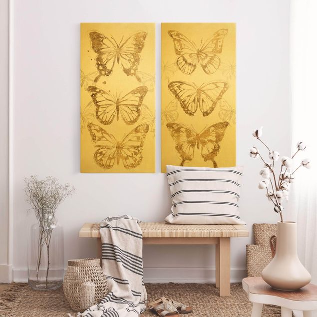 Canvas schilderijen - 2-delig  Compositions Of Butterflies Gold