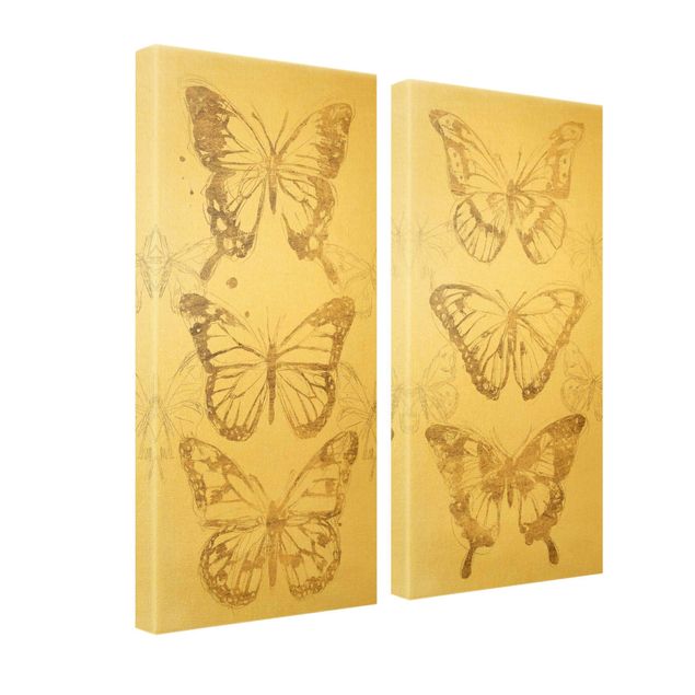 Canvas schilderijen - 2-delig  Compositions Of Butterflies Gold