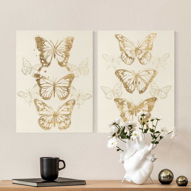 Natuurlijk canvas schilderijen - 2-delig  Compositions Of Butterflies Gold