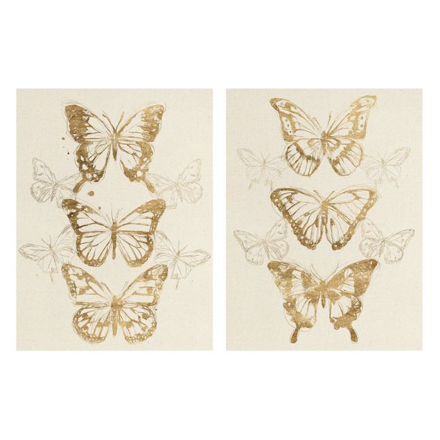 Natuurlijk canvas schilderijen - 2-delig  Compositions Of Butterflies Gold