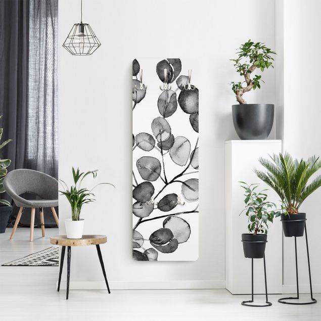 Wandkapstokken houten paneel Black And White Eucalyptus Twig Watercolour