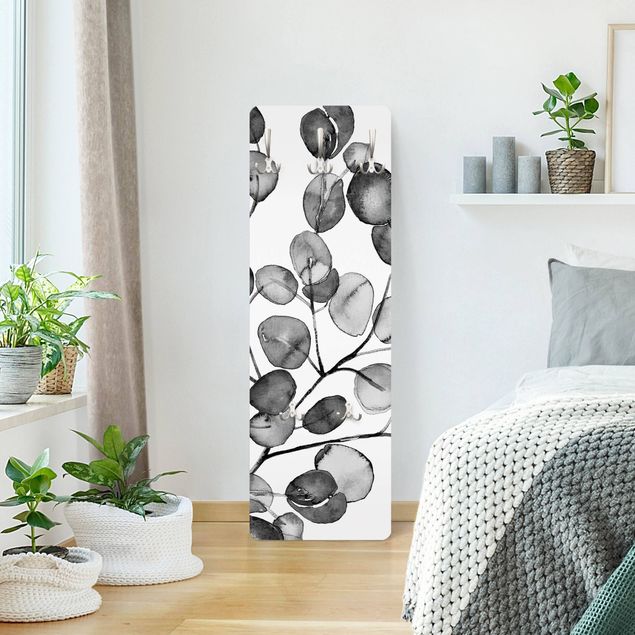 Wandkapstokken houten paneel Black And White Eucalyptus Twig Watercolour