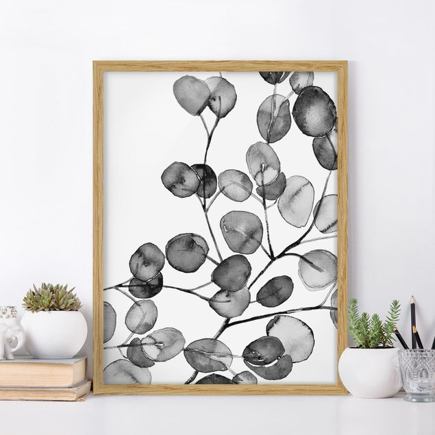 Ingelijste posters Black And White Eucalyptus Twig Watercolour