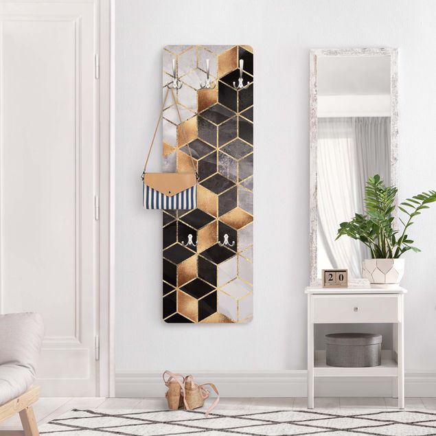 Wandkapstokken houten paneel - Black And White Golden Geometry