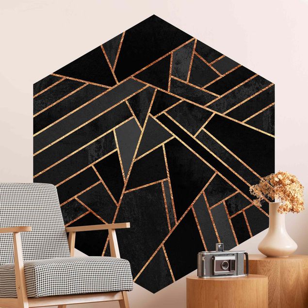 Hexagon Behang Black Triangles Gold
