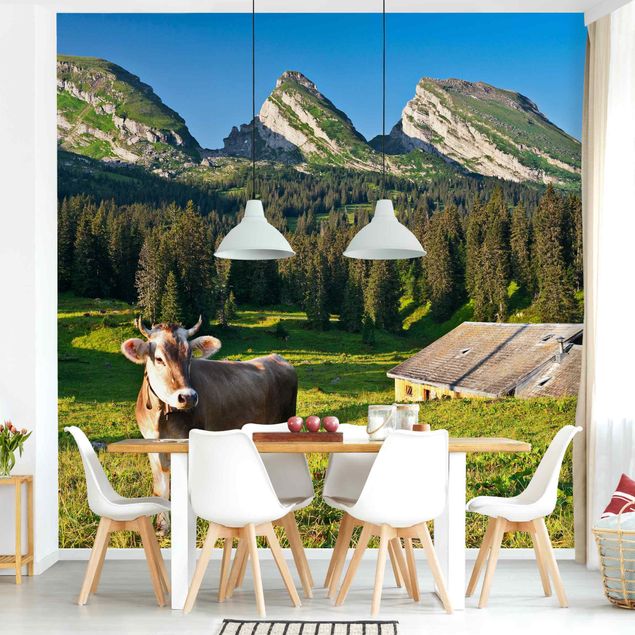 Fotobehang Swiss Alpine Meadow With Cow
