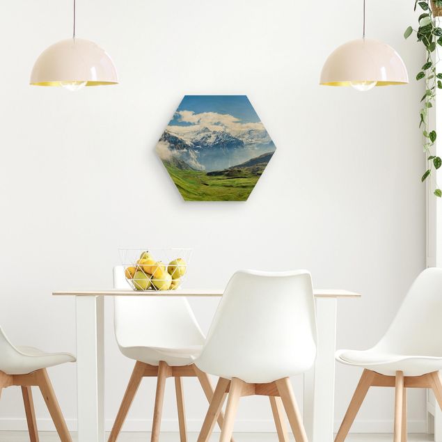 Hexagons houten schilderijen Swiss Alpine Panorama