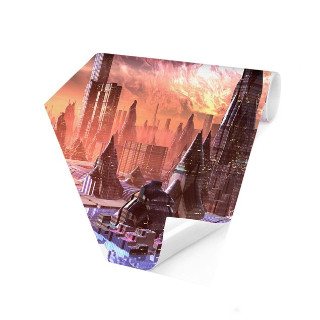 Hexagon Mustertapete selbstklebend - Sci-Fi Stadt mit Planeten