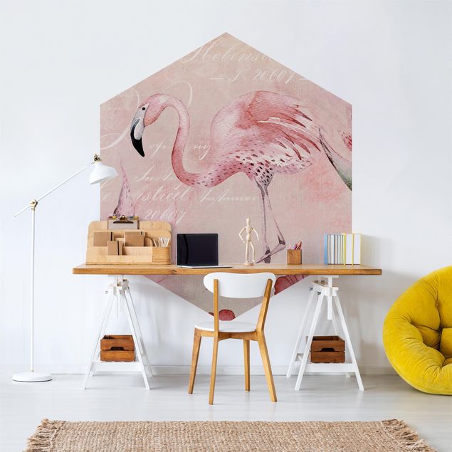 Hexagon Behang Shabby Chic Collage - Flamingo