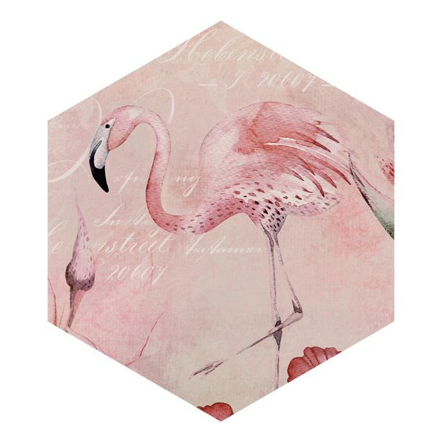 Hexagon Behang Shabby Chic Collage - Flamingo